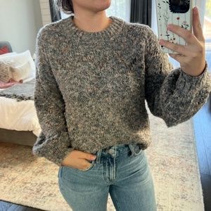 Pointelle Bubble-Sleeve Pullover Sweater